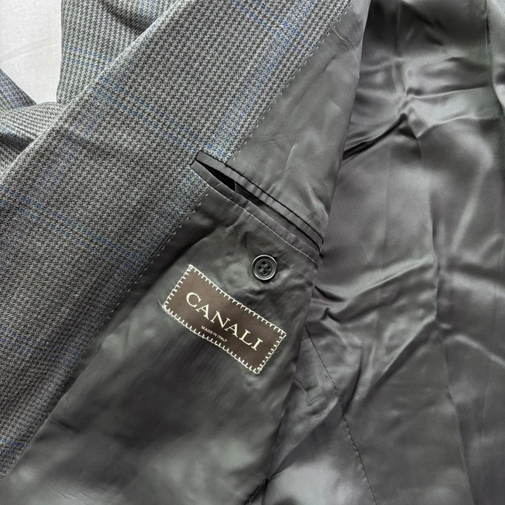 Canali Mens Grey Blue Glen Plaid Two Button Blazer Made in Italy US Size 40